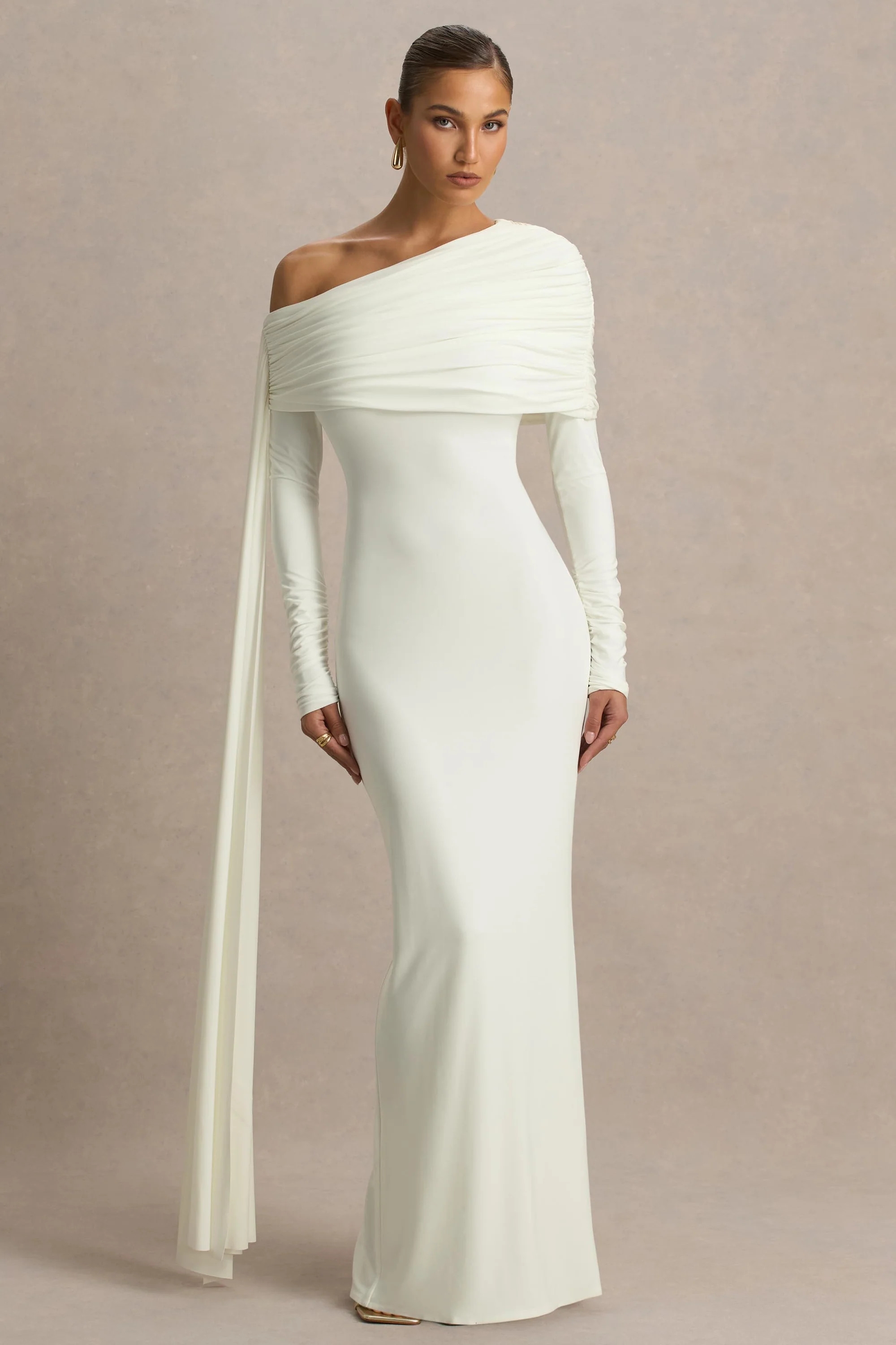 Octavia  Cream Bardot-Neck Maxi Dress With Sash And Ruched Detailing | Club L London