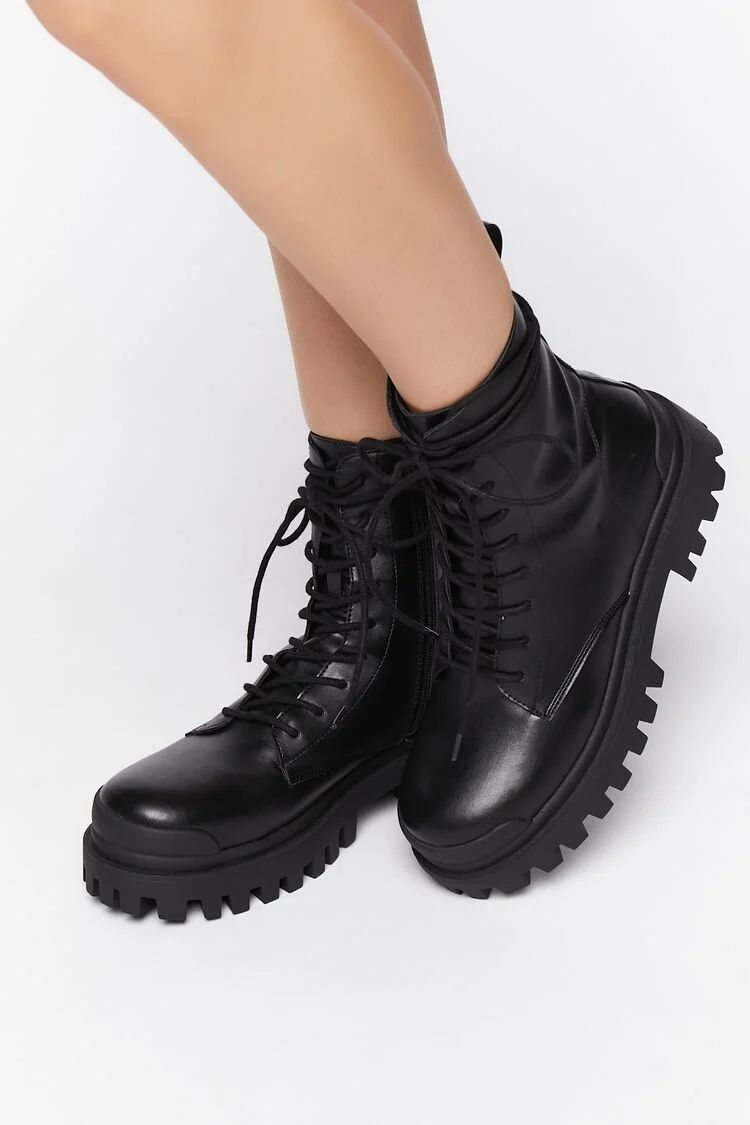 Women's Faux Leather Lug Combat Boots in Black/Black, 8 | Forever 21 (US)