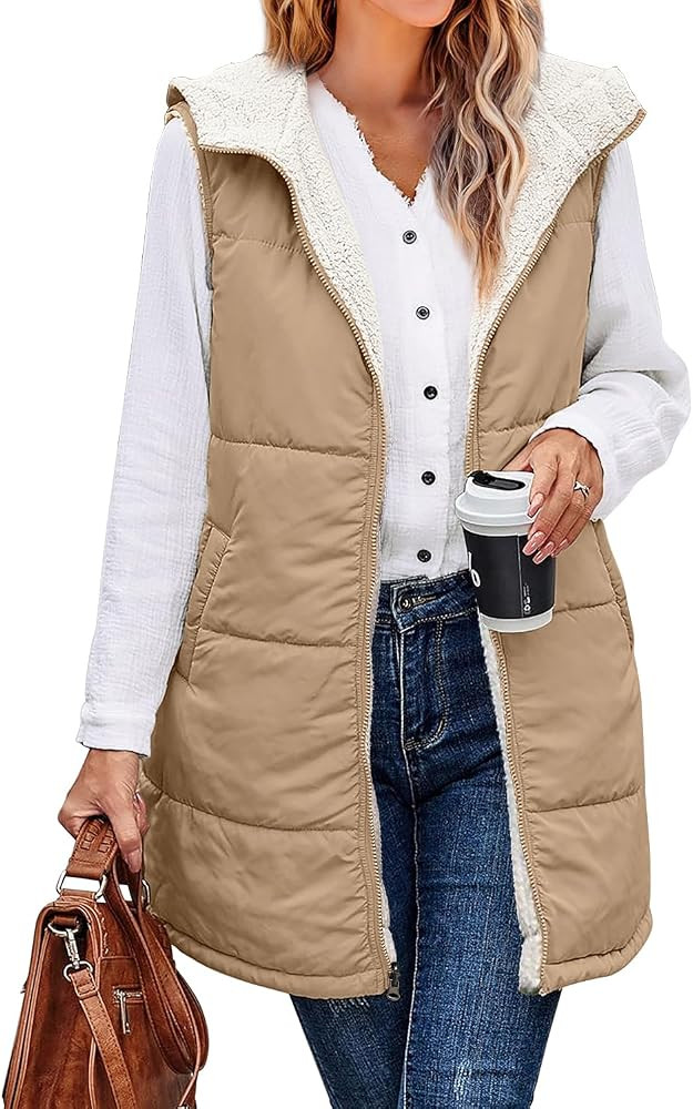 XIEERDUO Long Puffer Vest Women Outerwear Reversible Fleece 2024 Fall Winter Warm Sleeveless Zip ... | Amazon (US)