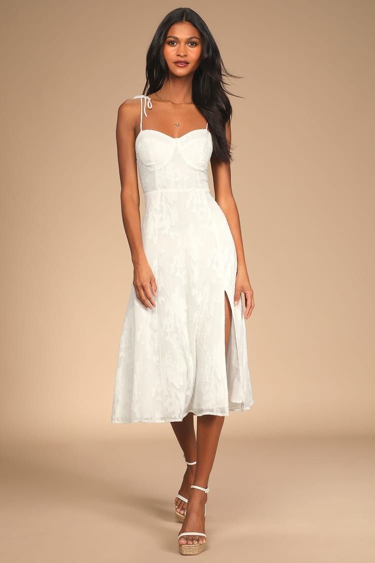 Loveliest Looks White Floral Jacquard Tie-Strap Midi Dress - Bride To Be  | Lulus (US)
