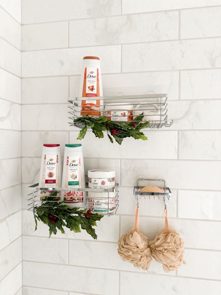Holiday bathroom! Dove holiday treats body wash and scrub, hair scalp massager, Shower Caddy
Basket with Hooks Soap Dish Holder Shelf