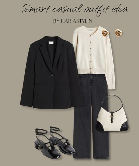 SMART CASUAL OUTFIT IDEA 🖤 fashion inspo, spring outfit, spring fashion, spring style, outfit idea, outfit inspo, smart casual ootd, smart casual outfit, black blazer, oversized blazer, white cardigan, cream cardigan, black jeans, straight jeans, wide leg jeans, mary jane shoes, black pumps, pumps shoes, black back, canvas bag, contrast bag, shoulder bag, h&m, style inspo, women fashion

#LTKSeasonal #LTKstyletip #LTKworkwear