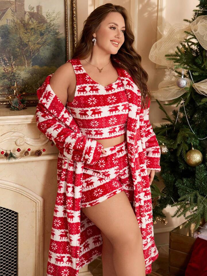Christmas Graphic Fleece Vest, Shorts, And Robe 3pcs Set | SHEIN