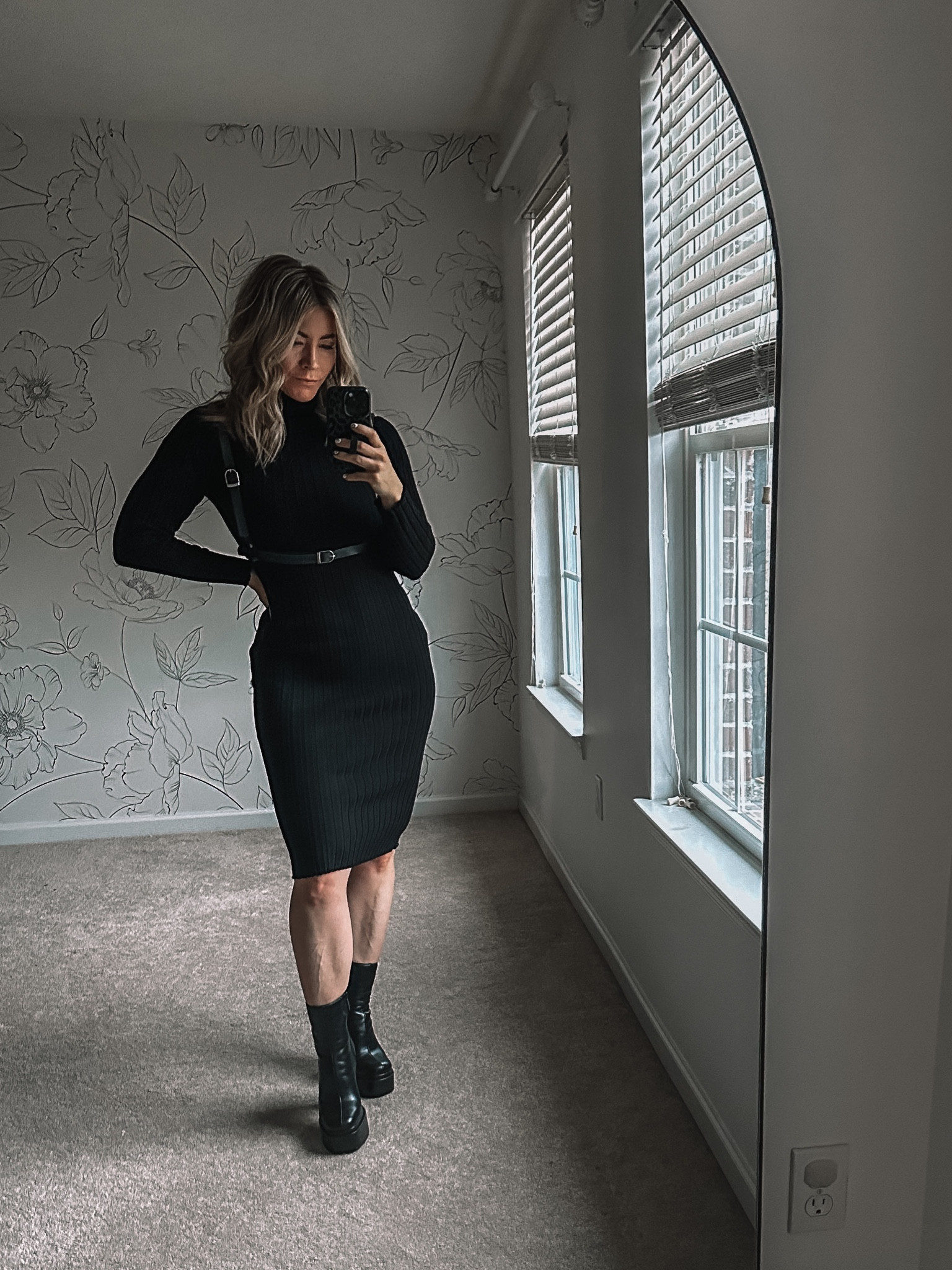 All black, black bodycon, ribbed black dress, lbd. Harnes, alt style, goth, platform boots, leather harness 

#LTKstyletip #LTKunder100 #LTKunder50