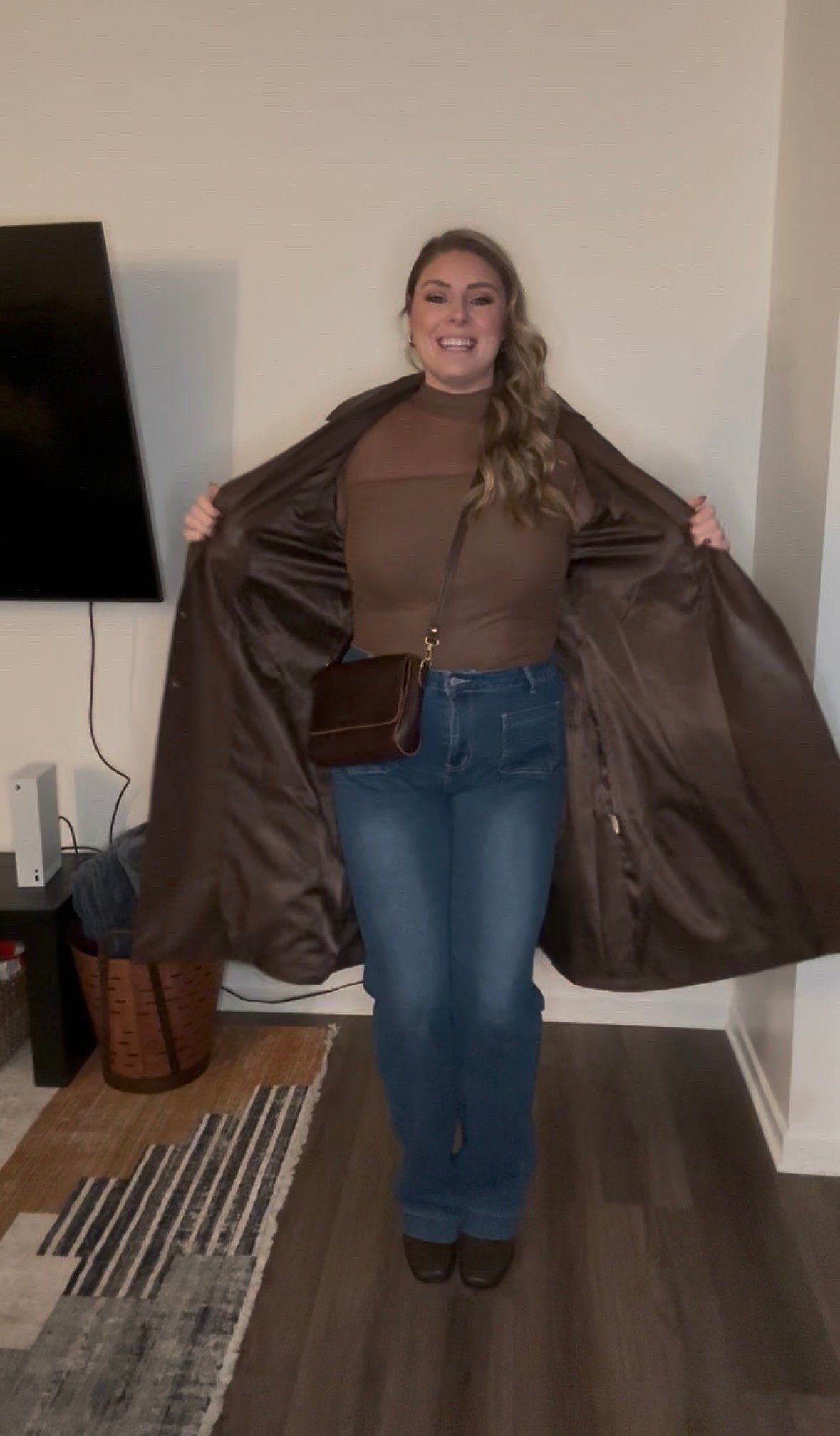 Quick fit check! An adorable going out fit! I got so many compliments on this top. And I’m completely in love with these 38” inseam jeans. 

Wearing 16 in the jeans and XXL in the top. 

Mid size fashion, affordable fashion, going out outfit, girl’s night, winter fashion, trench coat, brown#LTKCyberWeek

#LTKMidsize #LTKSaleAlert