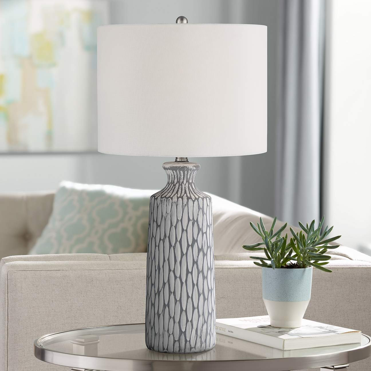 Patrick Gray and White Wash Ceramic Table Lamp | LampsPlus.com
