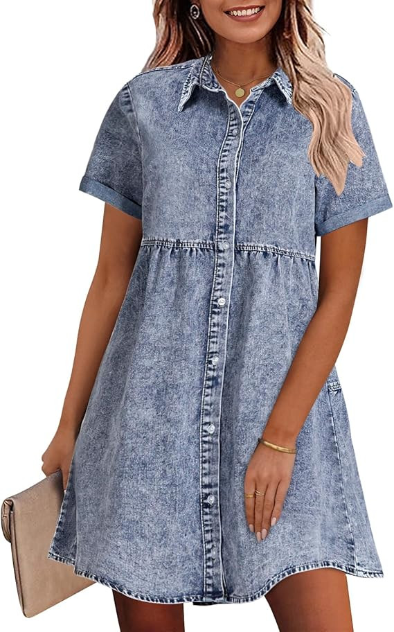 GRAPENT Denim Dress for Women Babydoll Tiered Short Sleeve Button Down Jean Shirt Dresses | Amazon (US)
