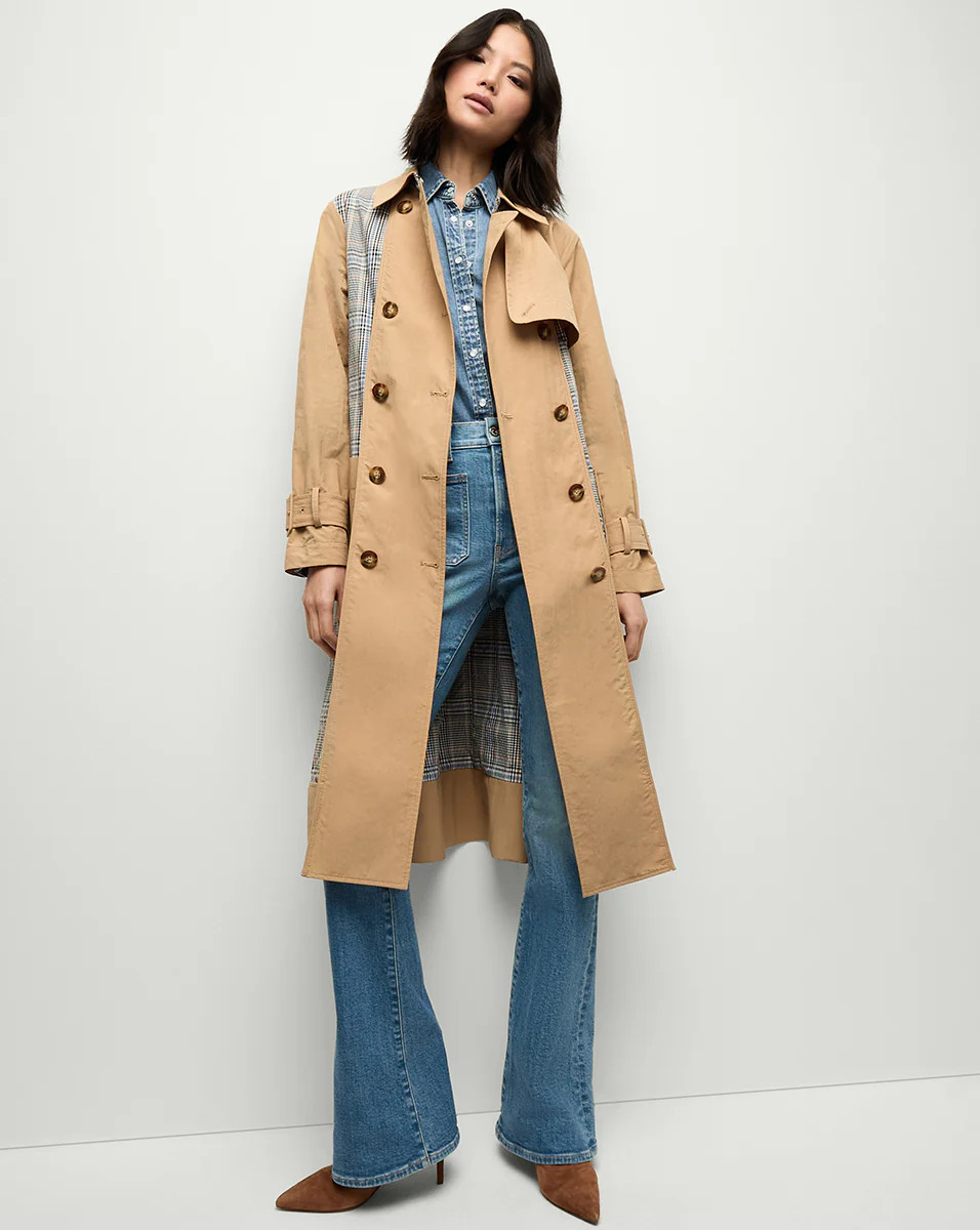 Liam Patchwork Plaid Trench Coat in Khaki | Veronica Beard | Veronica Beard
