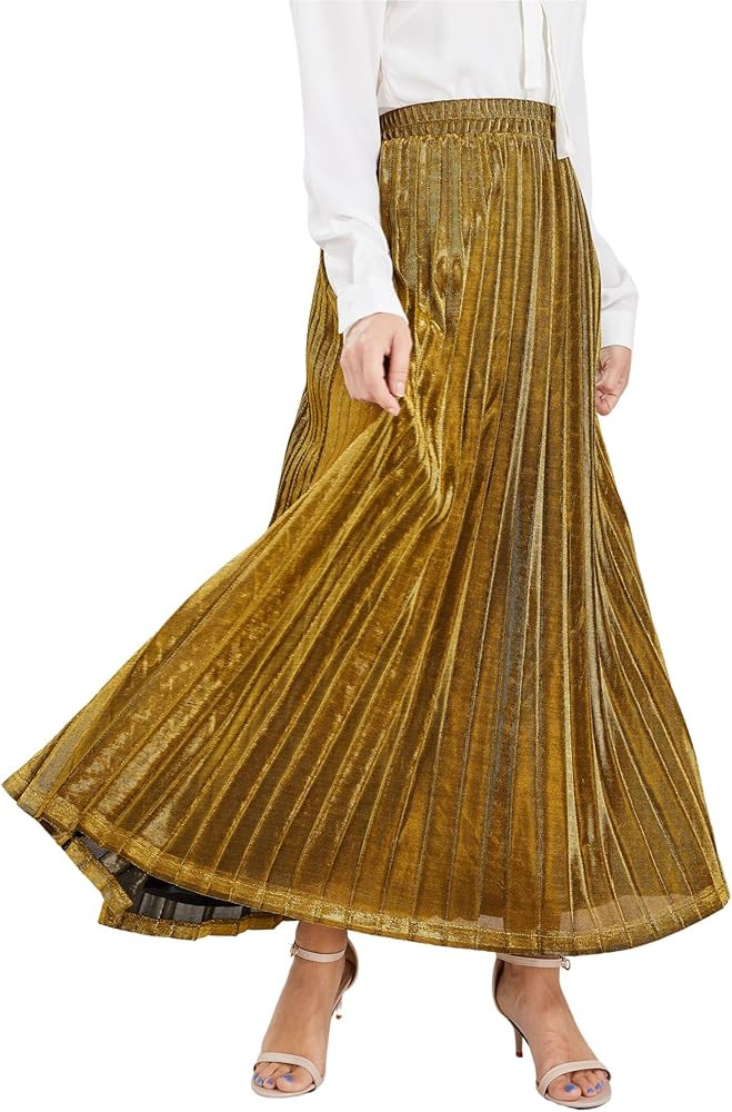 CHARTOU Women's Premium Metallic Shiny Shimmer Accordion Pleated Long Maxi Skirt | Amazon (US)
