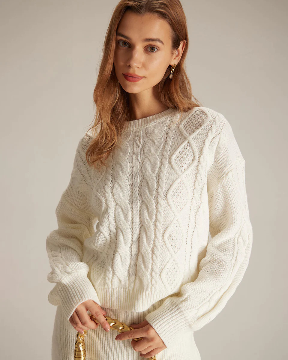 The Beige Round Neck Ribbed Cable Sweater | rihoas.com
