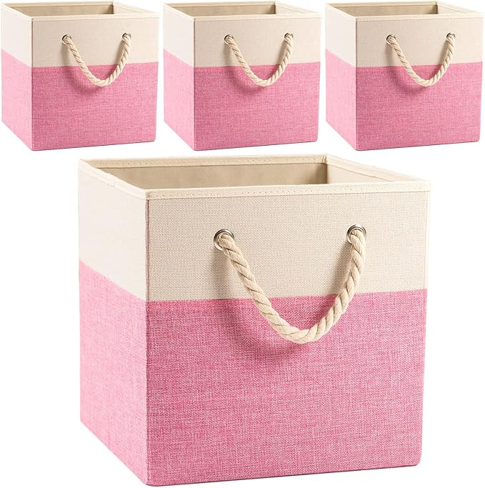 PRANDOM Cube Storage Bins 11x11 inch [4-Pack] Foldable Fabric Linen Storage Baskets Cubes Drawer ... | Amazon (US)