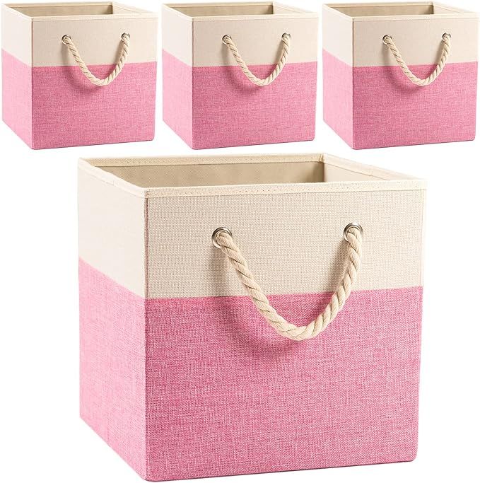 PRANDOM Large Foldable Cube Storage Bins 13x13 inch [4-Pack] Fabric Linen Storage Baskets Cubes D... | Amazon (US)