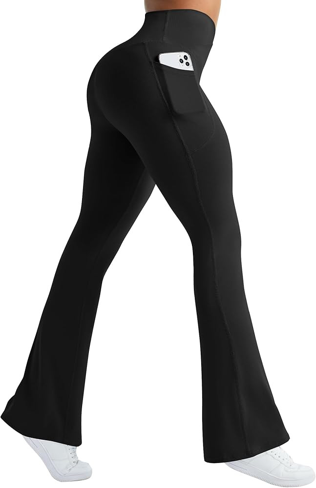 Womens Flare Yoga Pants with Pockets Crossover Flared Leggings Bootcut Bell Bottom No Front Seam | Amazon (US)