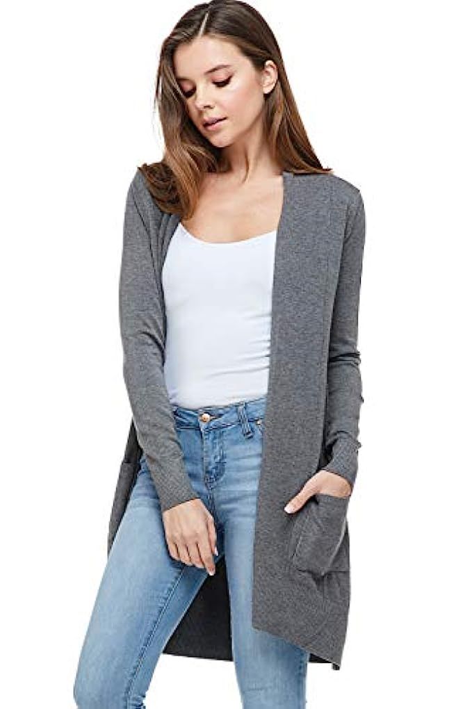 A+D Womens Basic Open Front Knit Cardigan Sweater Top W/Pockets | Amazon (US)