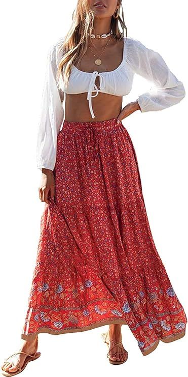 SimpleFun Women's Skirts Boho Floral Printed Elastic High Waist A Line Maxi Skirt with Pockets | Amazon (US)