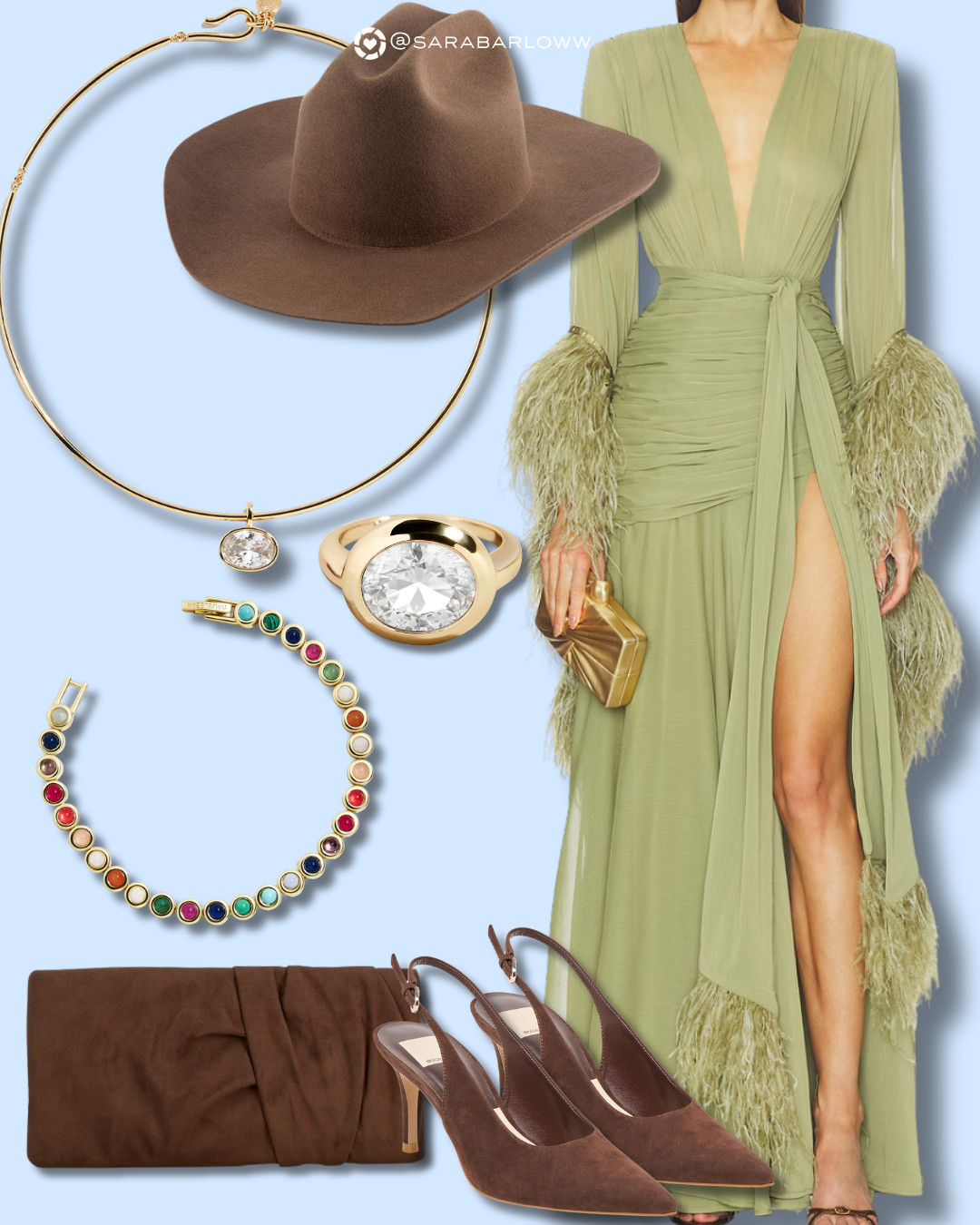 Spring weddings + western flair 🤎 Sage green is one of the biggest wedding guest trends this year and this gown makes such a statement. Styled with warm suede heels and gold accessories for a subtle western vibe. 

 #LTKSpringSale #LTKmorningroutine #LTKWedding