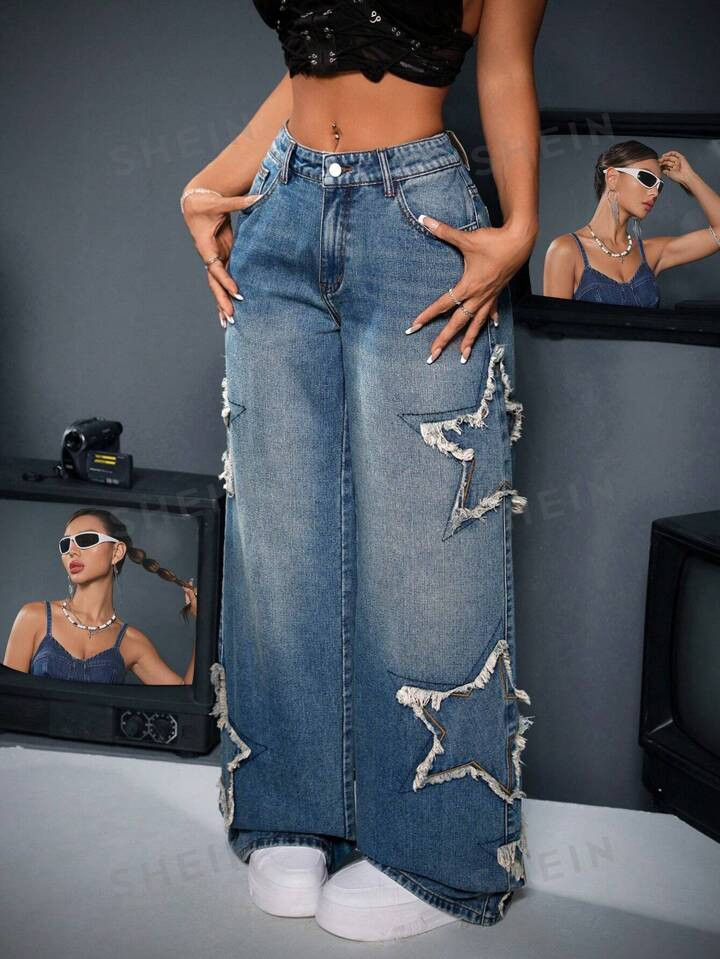 SHEIN ICON Women Frayed Edge Wide Leg Loose Fit Jeans Featuring Star Patch Pocket Design | SHEIN