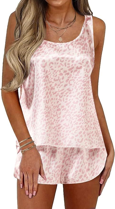 Ekouaer Womens Satin Silk Pajamas Back Split Tank Top and Shorts Silky Pj Set Sleepwear S-XXL | Amazon (US)