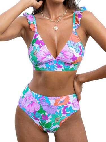 CUPSHE Women Bikini Sets 2 Piece Swimsuit High Waisted Bottom Floral Print Ruffle V Neck Bathing Suits,XL | Amazon (US)