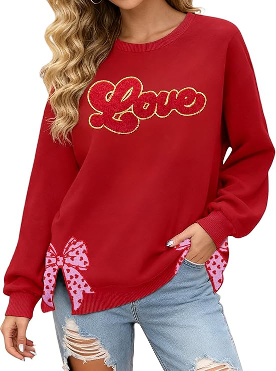 PECHAR Valentine Sweatshirts Women Love Valentines Shirts Embroidered Crewneck Long Sleeve Tops W... | Amazon (US)