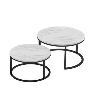 GOJANE 31.5 in. Black Metal Frame with Round Marble Color Wood Top Modern Nesting Coffee Table A6... | The Home Depot