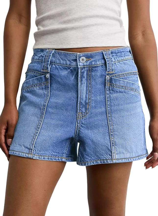 Astylish Women's High Waisted Utility Jean Shorts Stretch Denim Summer Shorts with Patch Pockets | Amazon (US)