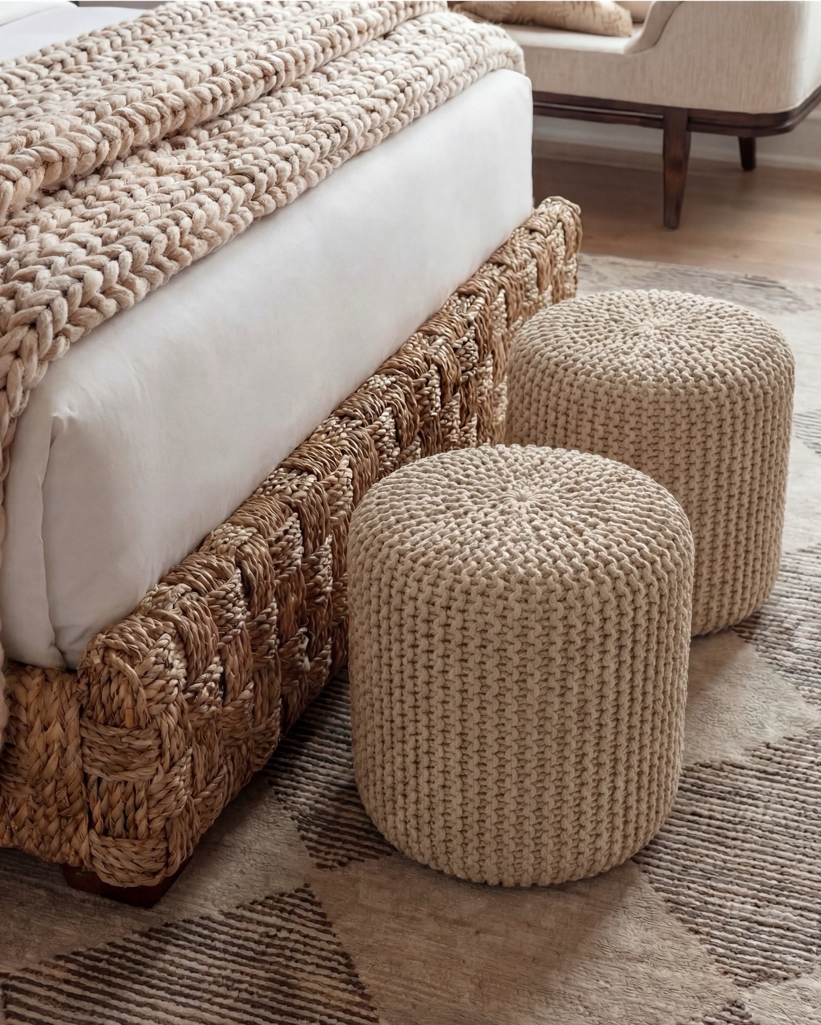Shop the Look:
• Wood Woven rattan bed frame
• White upholstered mattress or box spring
• Black wood 3-drawer nightstands (set of 2)
• White duvet cover (hotel-style)
• White fitted sheet + pillow set
• Chunky knit throw blanket (beige or oatmeal)
• Neutral patterned accent pillow
• Brass globe wall sconces
• Cream ceramic table lamp with beige shade
• Large abstract landscape wall art (neutral tones)
•brown floral wall art
• Gold irregular curved scalloped wall mirrors
• Round woven knit poufs
• Neutral geometric or diamond area rug
• Large white ceramic vase
• Small decorative bowl (white or stone)
• Ivory linen curtain panels
•wood upholstered accent chair 
•black terracotta vase
•wood rattan dresser
•brass decor tray
•black leaf decor bowl 
•decor books
#LTKSaleAlert

#LTKsale #LTKhome #LTKstyletip