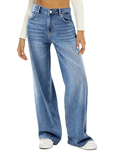 HDLTE Women's Wide Leg High Waist Baggy Jeans - Loose Boyfriend Denim Pants Y2K (2-Blue, Medium) | Amazon (US)
