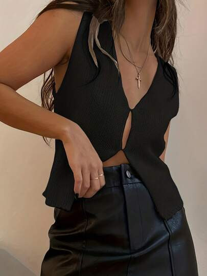 New Arrival Women's Leisure Solid Color V-Neck Sleeveless Knit Top | SHEIN