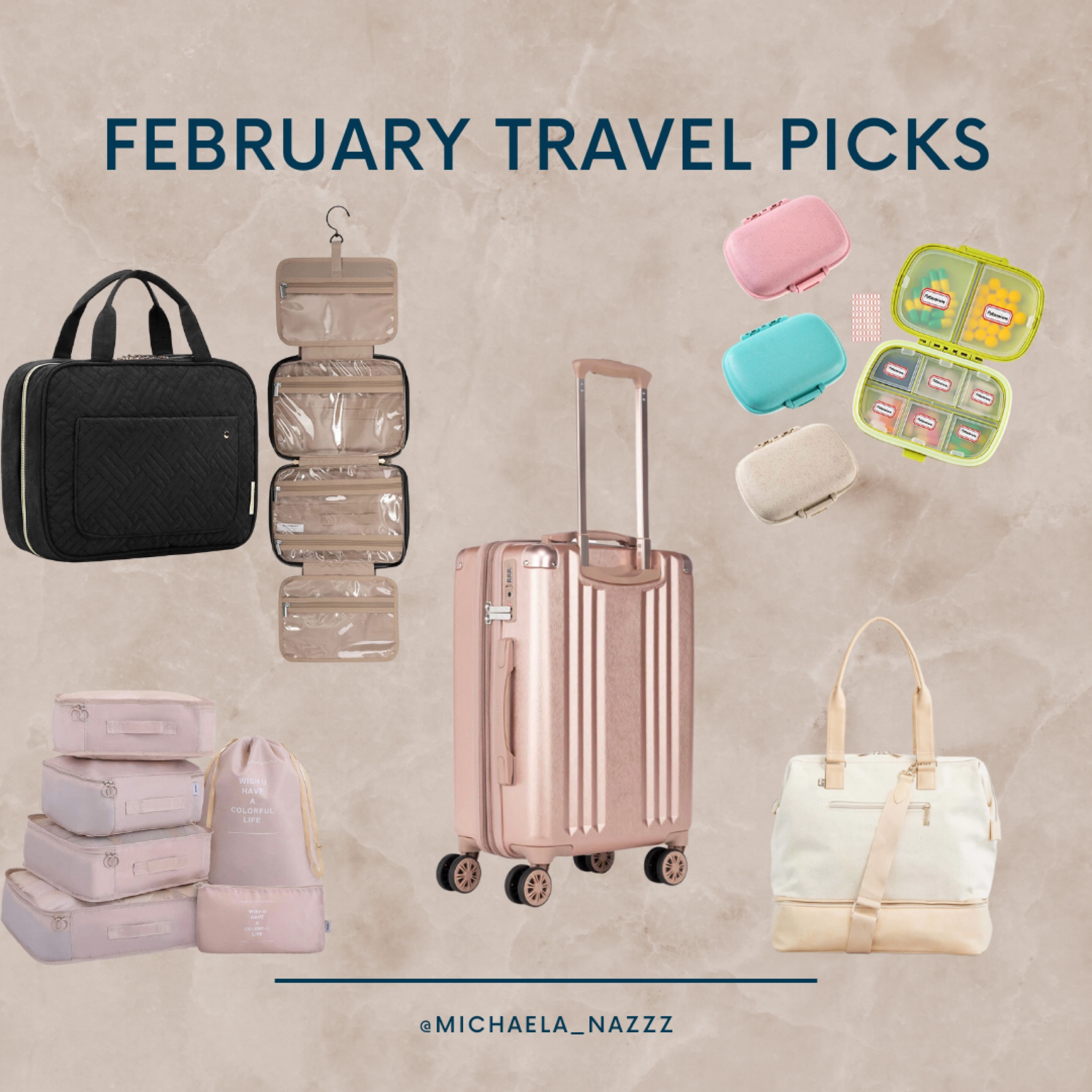 My favorite travel items lately! 
- large toiletry bag 
- vitamin cases 
- life before packing cubes?
- Calpak carry-on suitcase (old) 
-Personal item carry on bag (Beis mini convertible weekender bag, SO good)

#LTKunder100 #LTKtravel #LTKFind