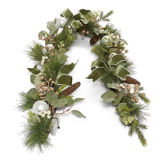 North Pole Trading Co. Green Velvet Silver Glitter Pre-Lit Indoor Christmas Garland | JCPenney
