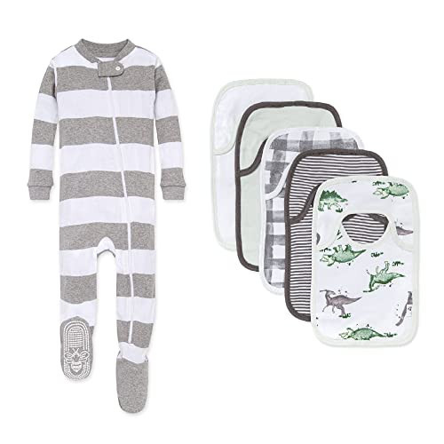 Burt's Bees Baby Unisex Baby Zip-up Footed Sleeper Pj & Set of Bibs Bundle, 100% Organic Cotton Gifting, Stripes Herbivores, 24 Months US | Amazon (US)