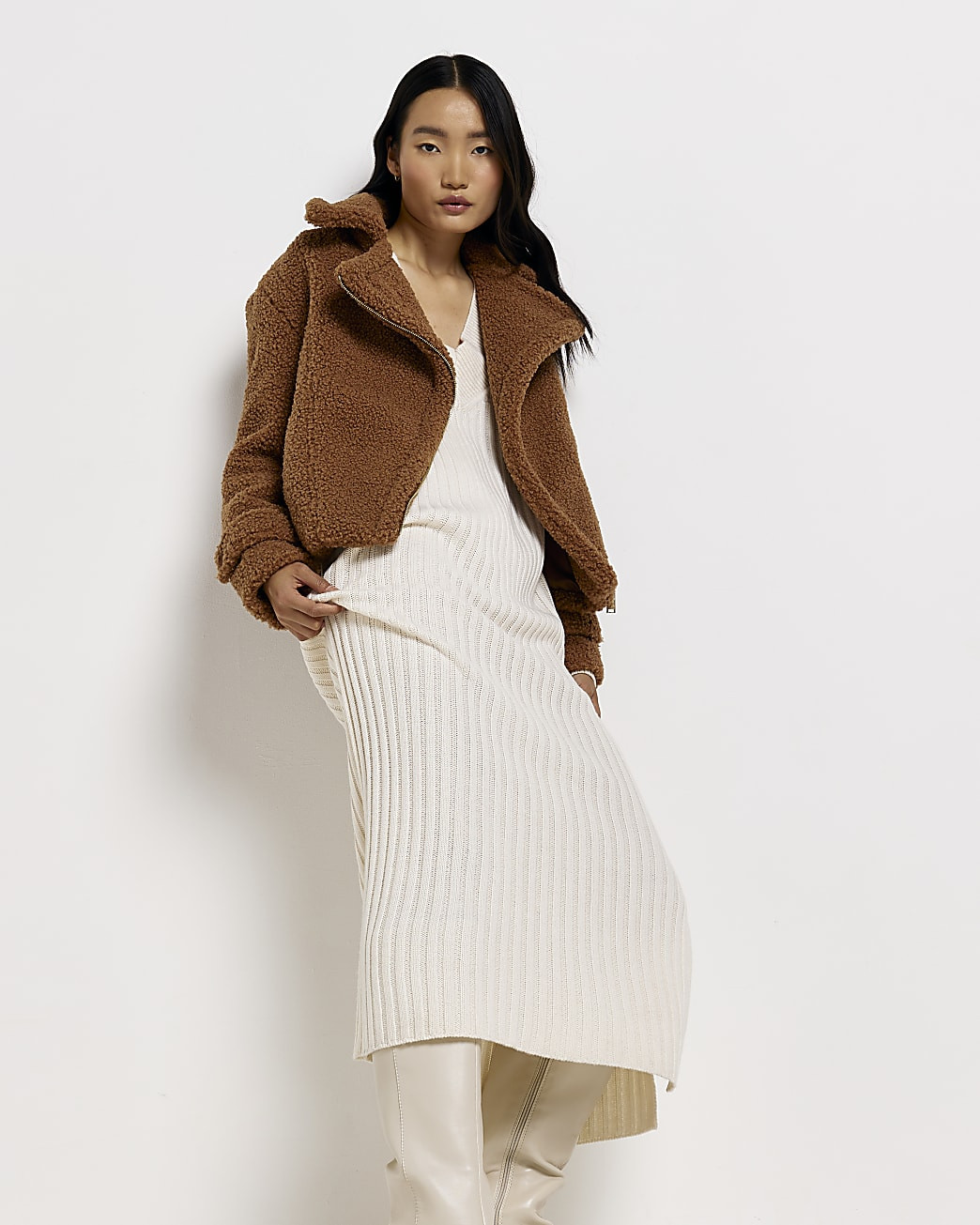 Petite brown borg crop biker jacket | River Island (UK & IE)