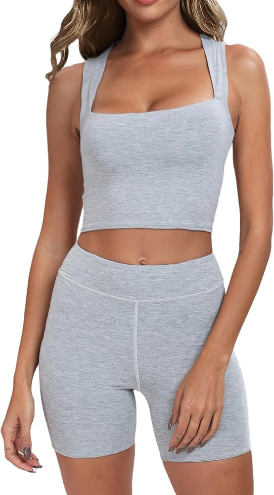 Workout Sets for Women Square Neck Sleeveless Crop Tops Athletic Shorts 2 Piece Outfits Tracksuit... | Amazon (US)