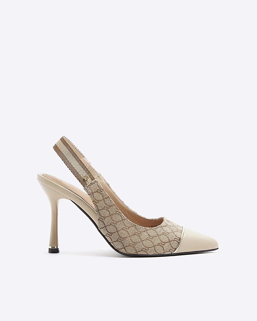 Beige canvas monogram heeled court shoes | River Island (UK & IE)