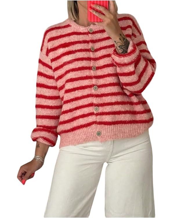 Milumia Women's Striped Button Up Cardigan Sweater Y2k Fall Long Sleeve Crewneck Oversized Sweate... | Amazon (US)