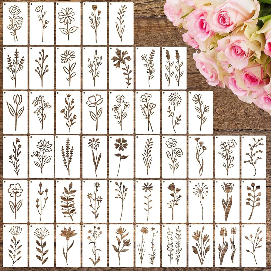 50 PCS Flower Stencils for Crafts Reusable Flower Stencils for Painting on Wood Rocks Canvas Fabr... | Amazon (US)