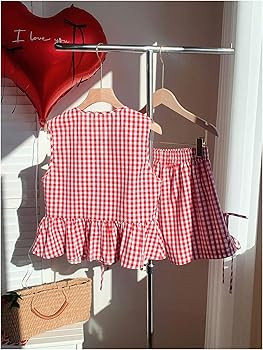 SOLY HUX Women's Plus Size 2 Piece Outfits Y2k Plaid Bow Tie Front Ruffle Hem Cute Tops and Short... | Amazon (US)