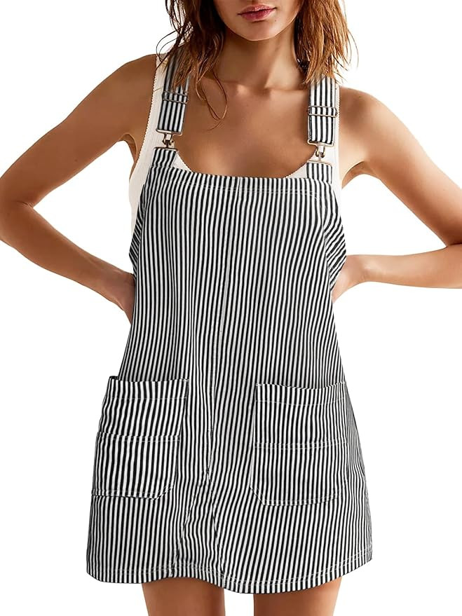 Yousify Womens Casual Striped Denim Dress Summer Pinafore Overalls Romper Adjustable Straps Jumpe... | Amazon (US)