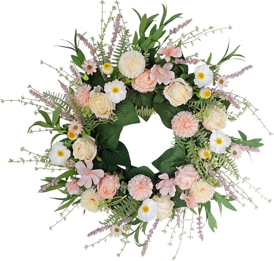 Pink Spring Summer Wreaths for Front Door, 20 Inch Artificial Floral Wreath with Rose Ball-Chrysa... | Amazon (US)