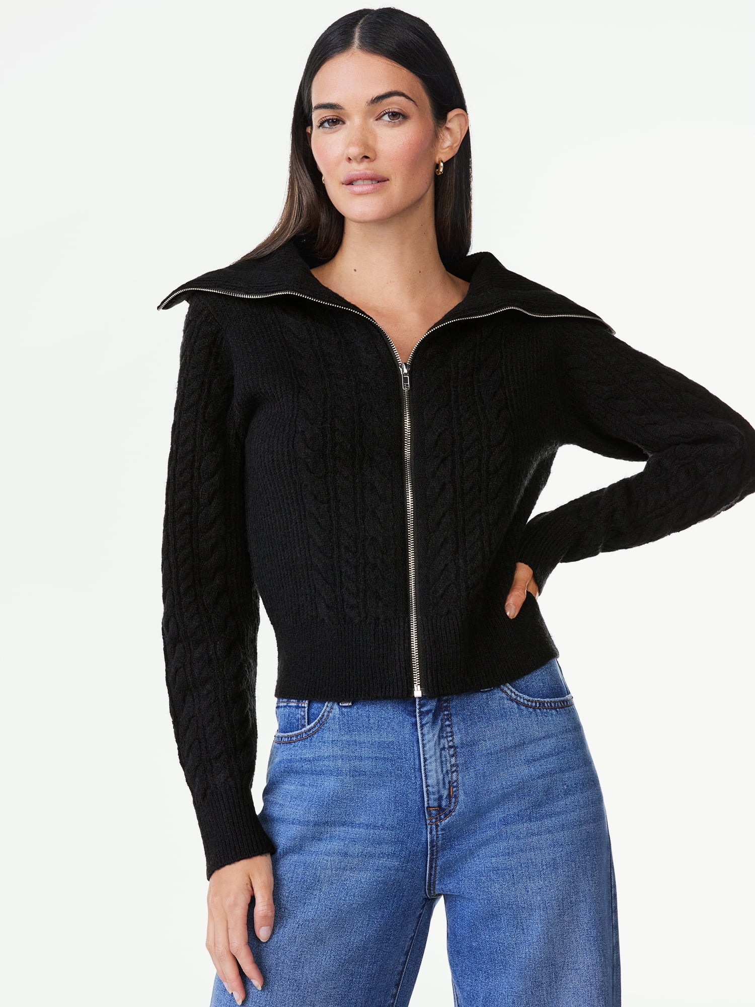 Scoop Women's Long Sleeve Zip Cable Knit Cardigan Sweater, Sizes XS-XXL | Walmart (US)