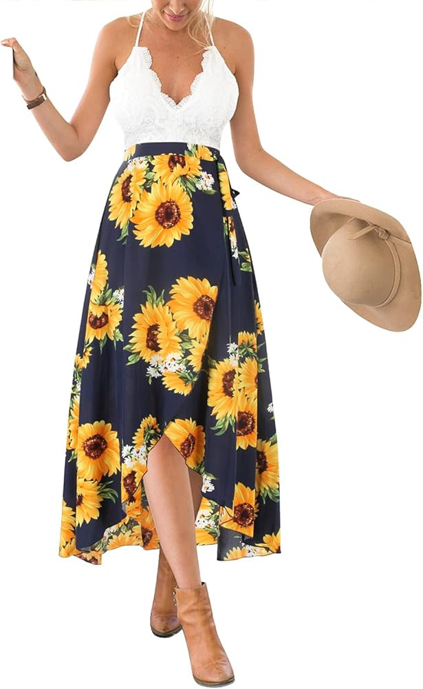 Blooming Jelly Women's Deep V Neck Sleeveless Summer Asymmetrical Floral Maxi Dress | Amazon (US)