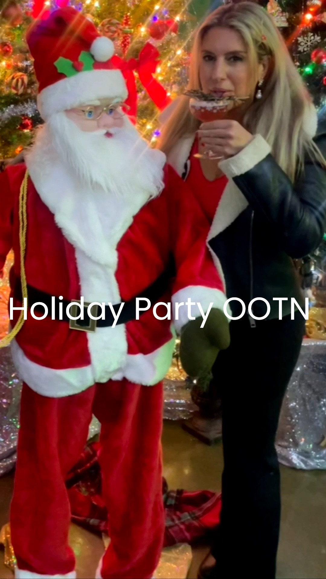 Sipping a festive cocktail with Santa🎅🍸 My winter outfit for a holiday party at a Christmas pop-up. OOTN: faux black leather coat, red tank, and black pants because yes, I want to look cute and stay cozy. 

Coat = trendy + warm 
Tank = festive + fitted
Pants = slimming + comfy enough for dancing!

#LTKHoliday #LTKfoodie #LTKGiftGuide
