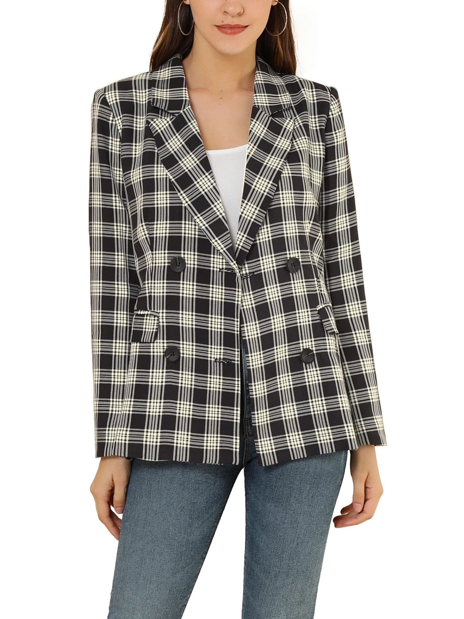 DARING DIVA Women's Plaid Notched Lapel Blazer Jacket M Black | Walmart (US)