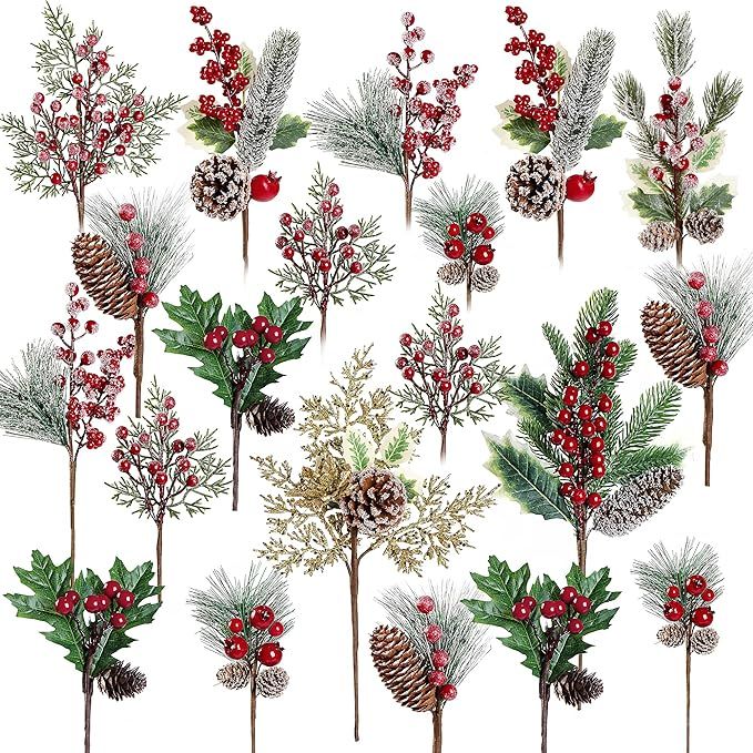 Sggvecsy 20 Pack 10 Kinds Artificial Christmas Picks Assorted Red Berry Picks Stem Faux Pine Pick... | Amazon (US)