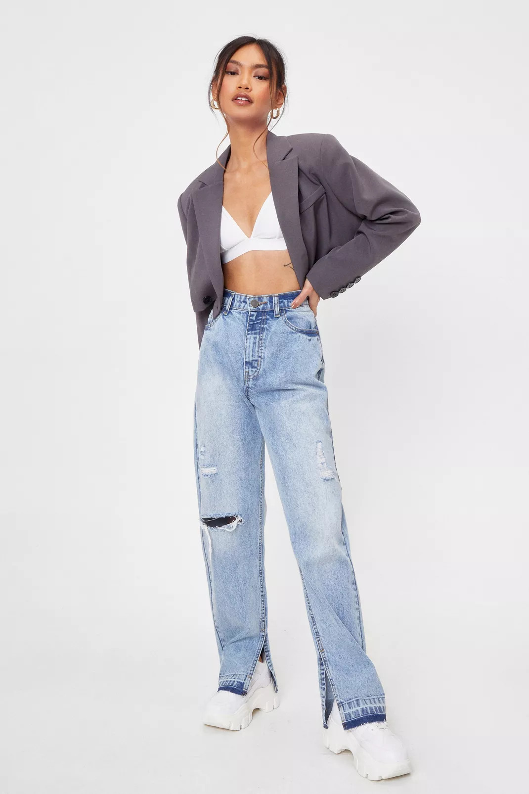 Petite Distressed Split Hem Jeans | Nasty Gal (US)