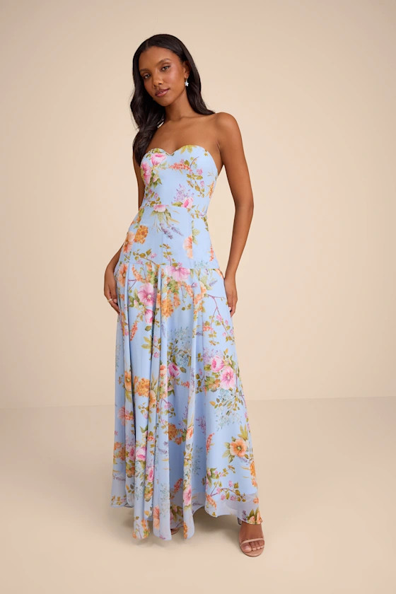 Alandria Light Blue Floral Drop Waist Maxi Dress | Lulus