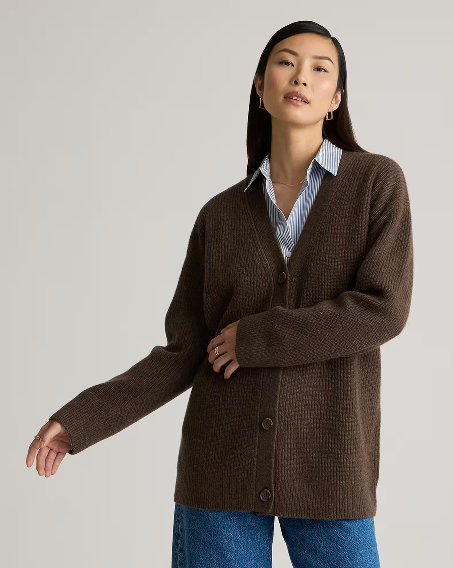Mongolian Cashmere Oversized Boyfriend Cardigan Sweater in Brown | Quince