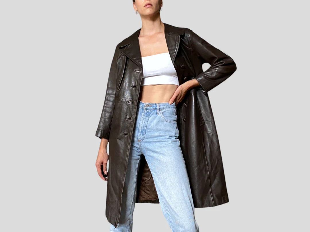 Vintage 90s 00s Dark Brown Genuine Leather Button Closure Long Trench Coat Jacket | Etsy (US)