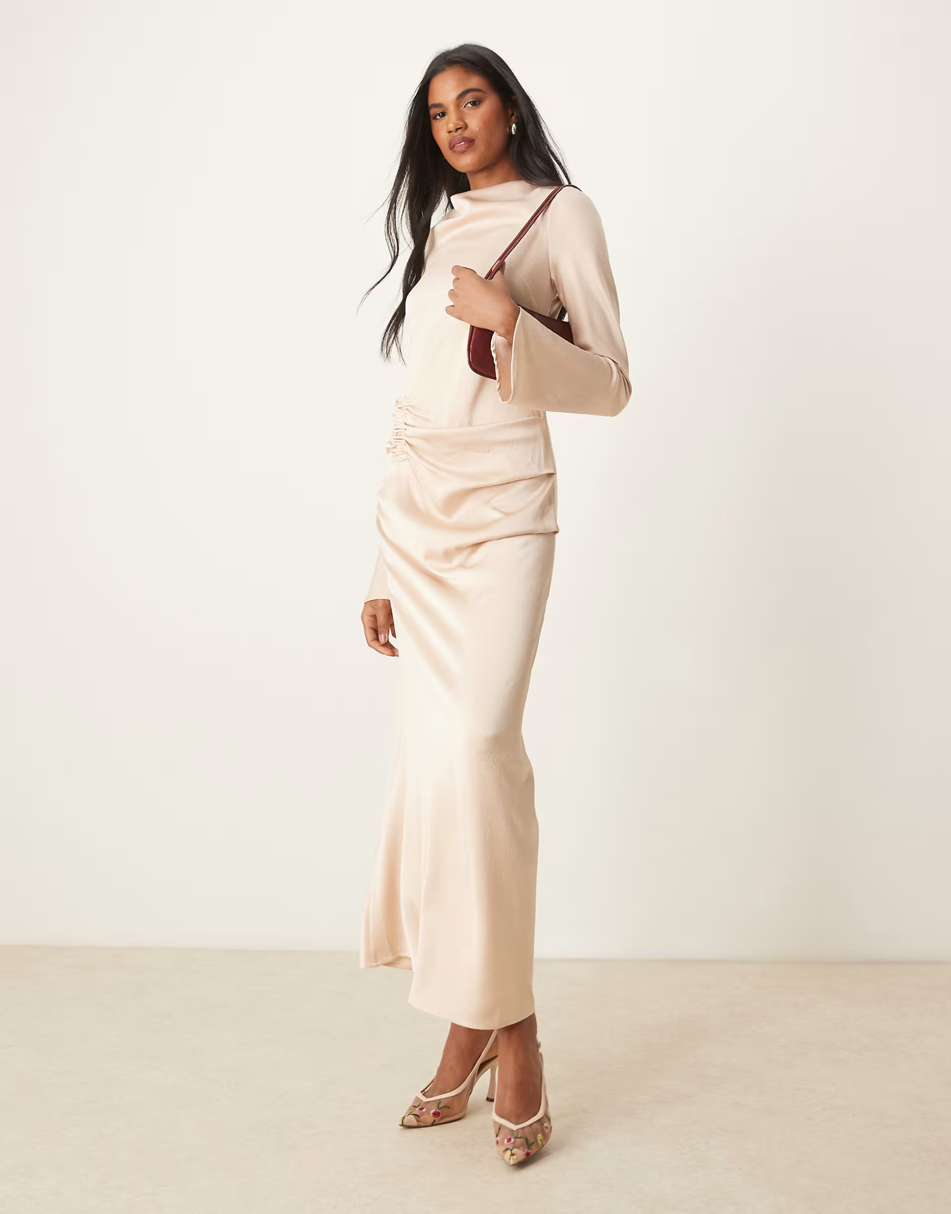 ASOS DESIGN long sleeve satin maxi dress with ruched tab detail in oyster | ASOS (Global)